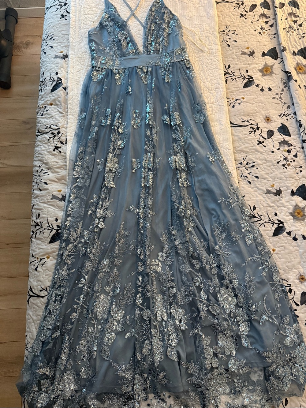 Soieblu Silver-Embellished Dusty Blue Tulle Gown